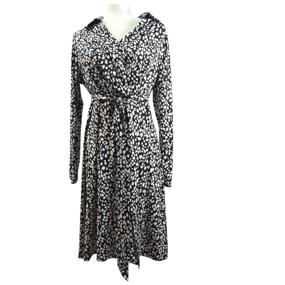 DKNY Faux Wrap Dress Womens 12 Black Animal Print Midi Long Sleeve Office Work